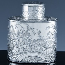 GREAT QUALITY ANTIQUE CHINESE IMMORTAL FIGURAL SCENIC SILVER PLATE TEA CADDY JAR