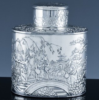 GREAT QUALITY ANTIQUE CHINESE IMMORTAL FIGURAL SCENIC SILVER PLATE TEA CADDY JAR