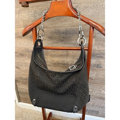 Vintage Fendi Black Zucchino Canvas Hobo Tote large Bag  Chain Strap