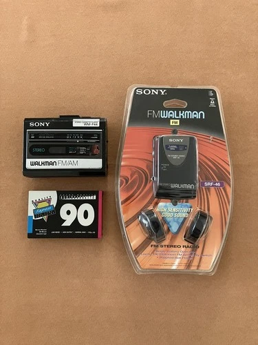 Sony Walkman WM-F44 FM/AM + New Sony SRF-46 FM Walkman + Blank Tape – Vintage