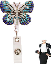 Rhinestone Butterfly Badge Reel with Swivel Clip and Retractable Cord