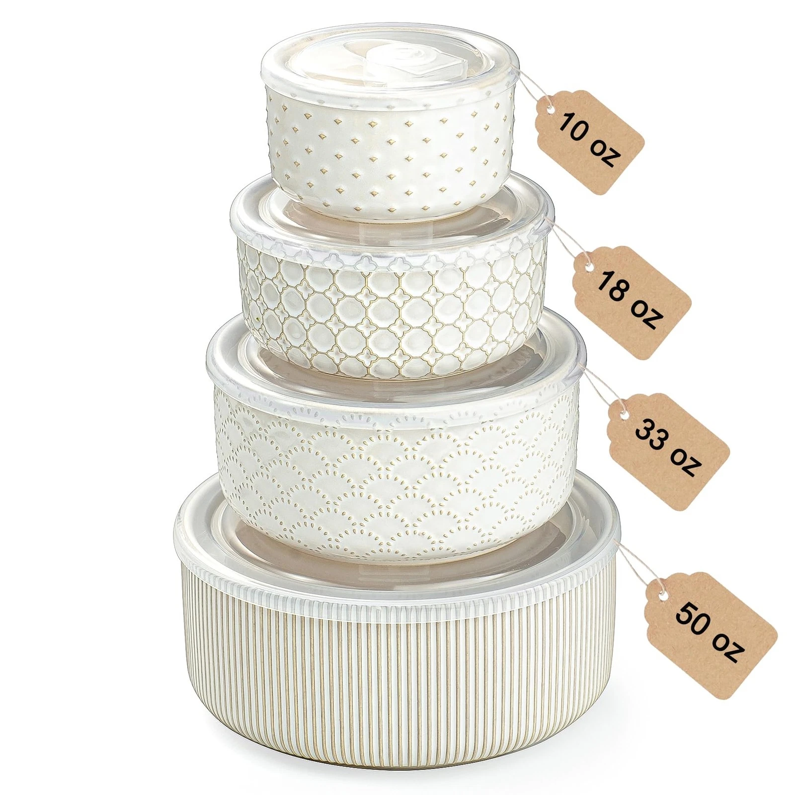 Mixing Bowls with Lids Set of 4, Ceramic Nesting Bowls, Embossed Mixing Bowl Set