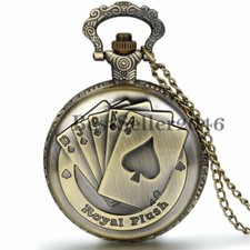 Royal Flush Poker Pattern Case Quartz Analog Pocket Watch Pendant Necklace Chain