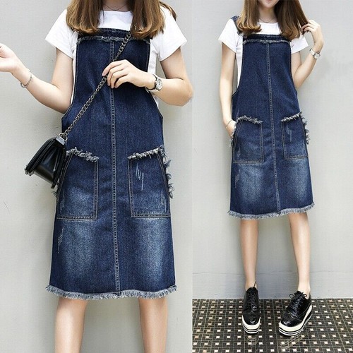 Women's Denim Bib Overall Dress Casual Loose Baggy Suspender Skirt Jeans Dress - Picture 4 of 6