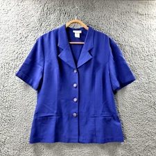 Vintage Katies Womens Jacket Size 14 Blue Linen Blend Short Sleeve Collared