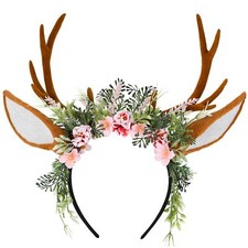 Handmade Antler Headband Brown - Adjustable Reindeer Horns Crown with Ears Fa...