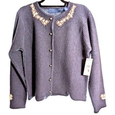 Karen Scott cardigan pure wool size medium blue with embroidery NWT