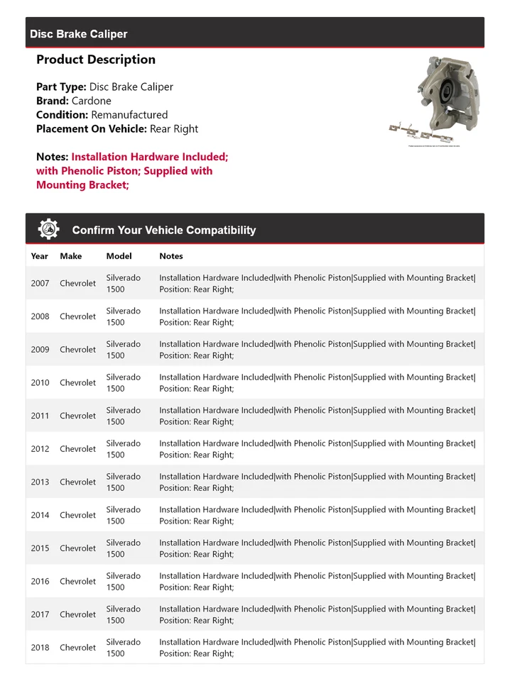 For 2007-2018 Chevrolet Silverado 1500 Disc Brake Caliper Rear Right Cardone - Image 2 of 4