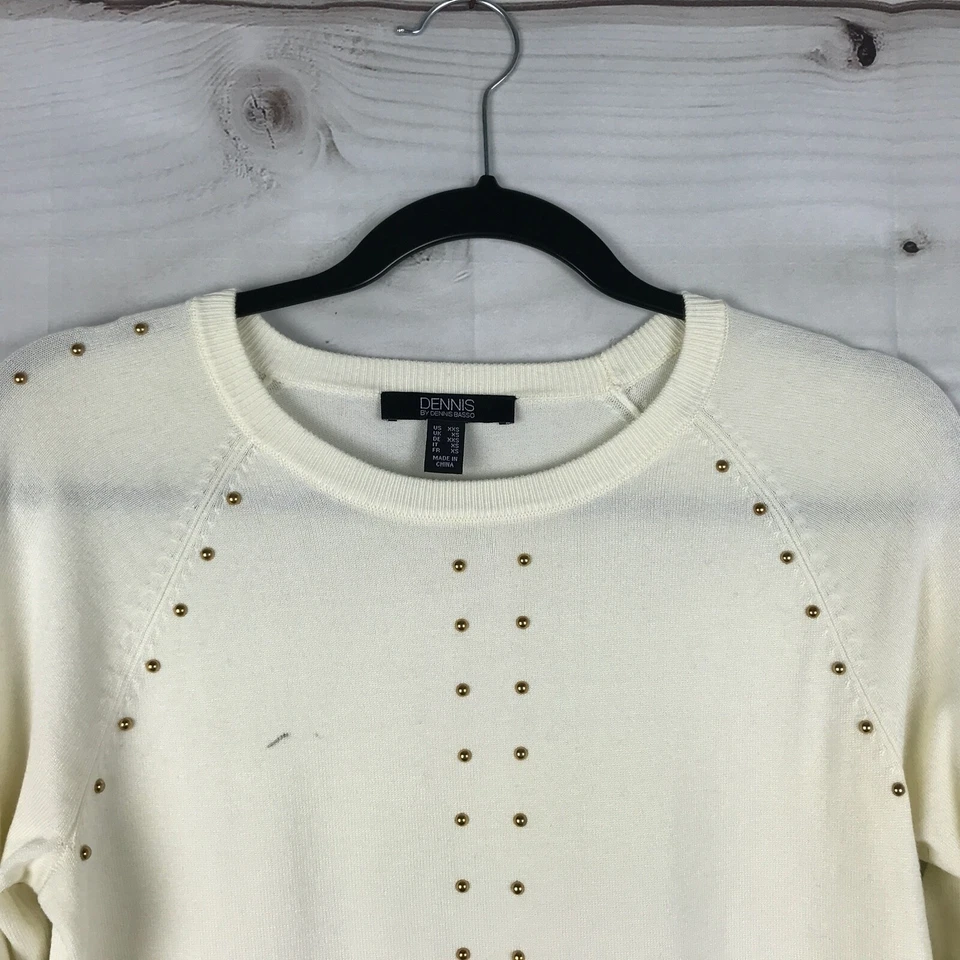 Suéter Dennis Basso Mujer XXS Marfil Cuello Redondo Manga Larga Cuentas Pullover Sólido Foto 4 de 4