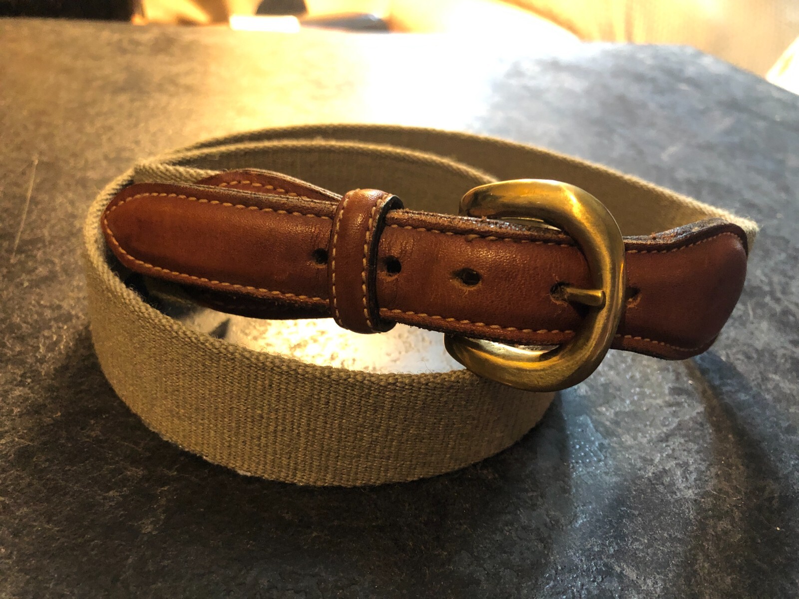 TRAFALGAR Brass Buckle Belt Leather w/ knotted fabric strap 30