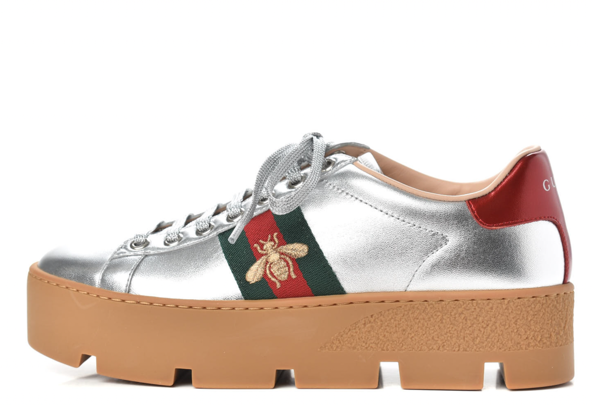 Gucci Women's Ace Silver Embroidered Platform Sneaker Z8166 Gucci Women's Ace Silver Embroidered Platform Sneaker Z8166