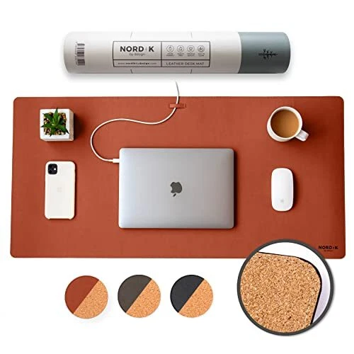 Nordik Cork Leather Desk Mat Cable Organizer Saddle Brown 35 X 17