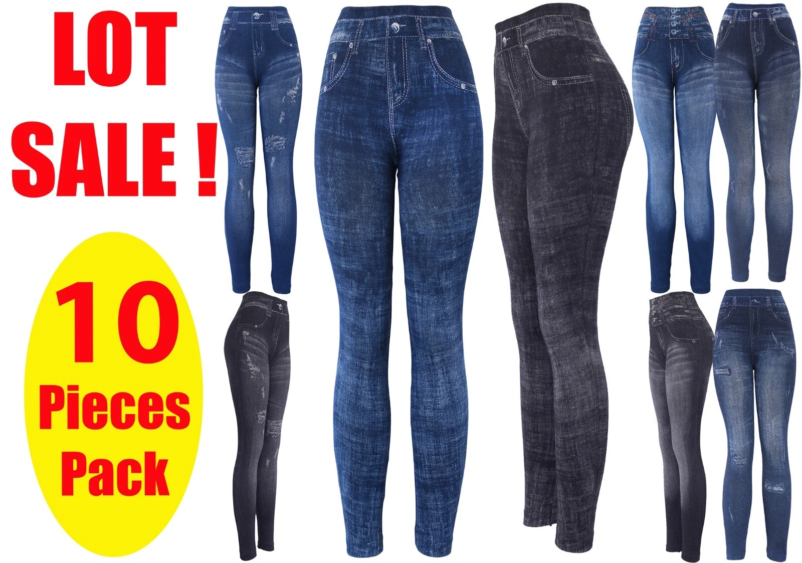 Wholesale/Bulk Lot 6pc or 10 Pcs Women's Assorted Faux Denim Printed Leggings