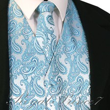 Turquoise Blue Paisley Tuxedo Suit Dress Vest Waistcoat  Neck tie Wedding Prom