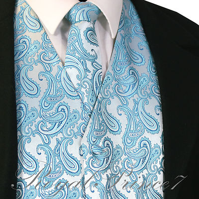 Turquoise Blue Paisley Tuxedo Suit Dress Vest Waistcoat Neck tie Wedding  Prom