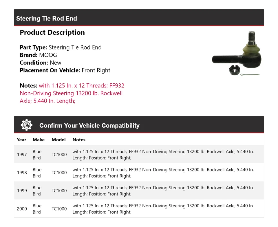 For 1997-2000 Blue Bird TC1000 Steering Tie Rod End Front Right MOOG 1997 1998 - Image 2 of 4
