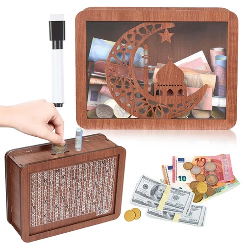 Wooden Piggy Bank Cash Box Money Bank With Counter Money Saving Challenge Box