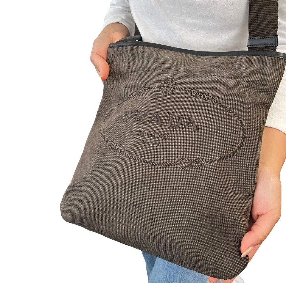 Bolso Bandolera PRADA Vintage Logo Marrón Plata Algodón Cuero Foto 3 de 4