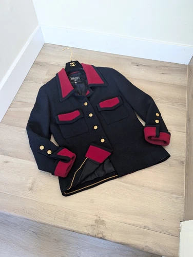 Set giacca e gonna CHANEL vintage primavera 1989 passerella color block tweed CC FR38