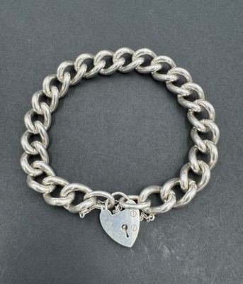 Antikes großes & schweres Panzerarmband mit Herz Vorhängeschloss gestempelt an jedes Glied