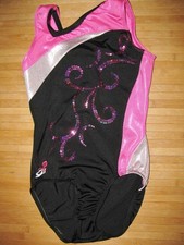 GK ELITE Leotard Size AXS Adult EXTRA SMALL Nylon Spandex BLACK SILVER and PINK
