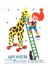 Happy New Year Sweden Artist sign Sven Caas Toy Giraffe on wheels Cat Ladder PC