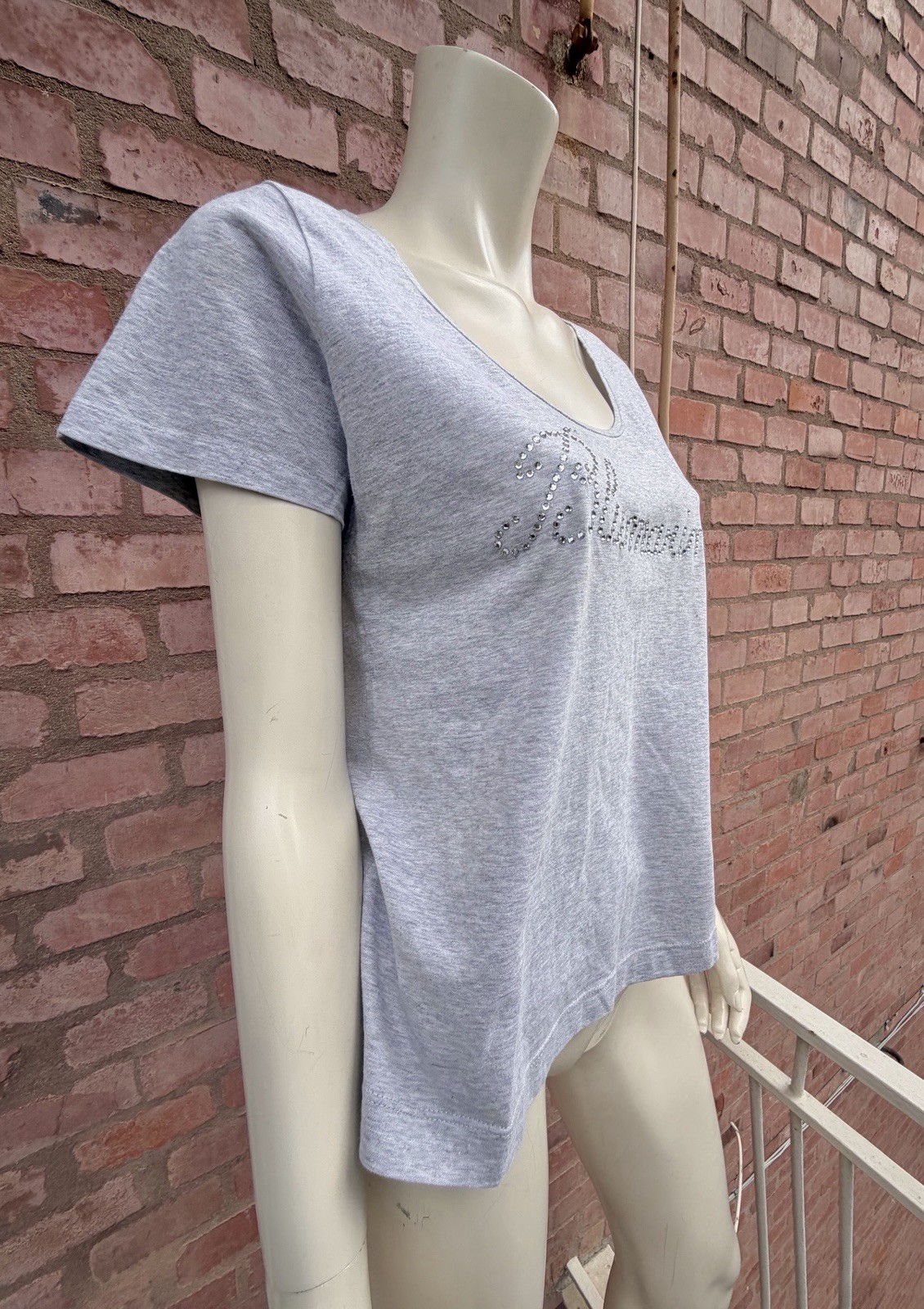 Blumarine Grey Short Sleeve T-Shirt Cotton Logo Swarovski Design Size IT 46 L image 8