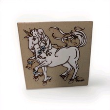 Vintage Rare Cleo Teissedre Ceramic Tile Trivet Decor Signed Unicorn Fantasy 6in