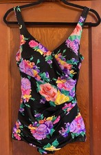 VTG Roxanne Black psychedelic Swimsuit 14 36/B Pinup 1 Piece Bathing Suit Med