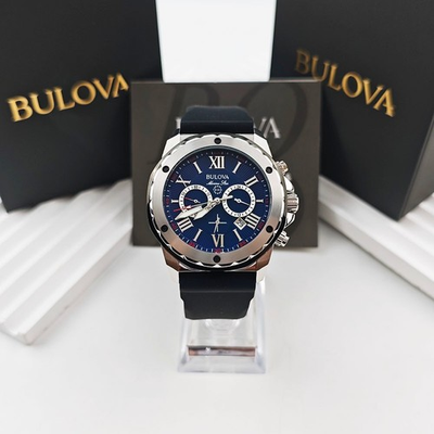 #ad Bulova Marine Star 98B258 Blue Dial Black Rubber Strap Quartz Men#x27;s 44mm Watch $179.18