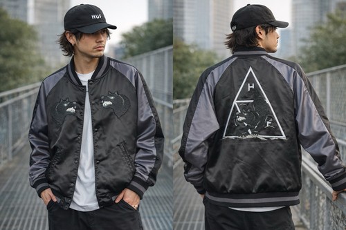 HUF Varsity Jacket Men’s XL Black Satin Wolf Embroidered Bomber Snap Front