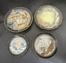 4 Vtg Nippon Dragon Ware Moriage Style Tea Cup Saucer Small Plates 3.5" To 5"