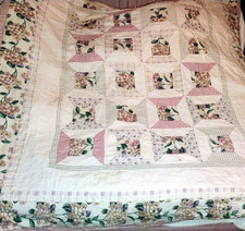 Vintage patchwork quilt 64" x 81" spool pattern pink  cream floral NEEDS REPAIR
