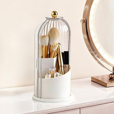 360° Rotating Makeup Brush Holder with Lid, Waterproof Three-Compartment Make...
