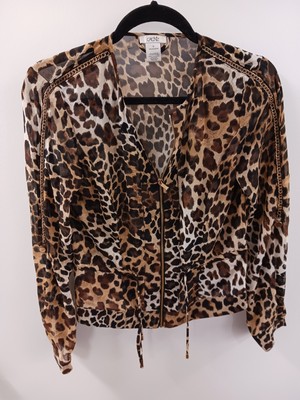 Cache Womens Sheer Leopard Print Blouse Long Sleeve Chain Accent Zip Front Sz 0