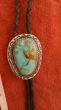 Turquoise Sterling Silver Decorative & Initialed Bolo Medalion w/ Silver Tips