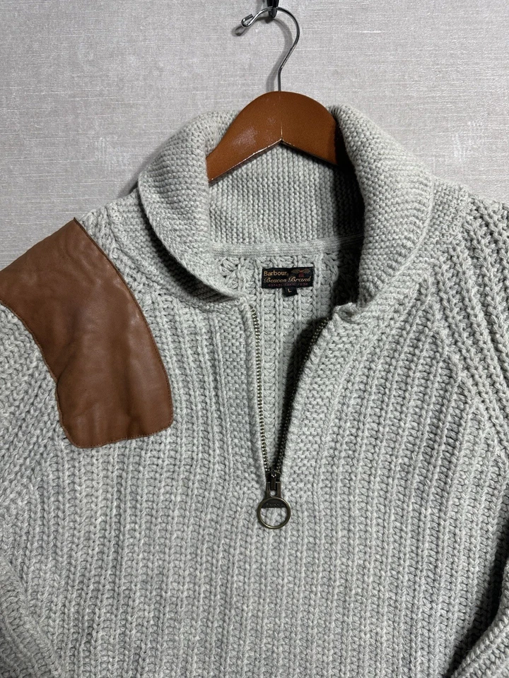 BARBOUR Sweater Cable Knit Lambswool Shawl Neck 1/4 Zip Mens Large Jumper Grey - Image 3 of 4