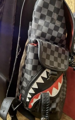 Sprayground Checkered Shark Mouth Backpack Black/Gray/Red, Adjustable Straps