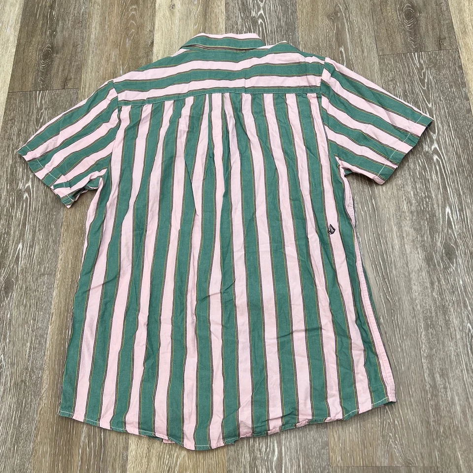 VOLCOM Modern Fit Button Down Green Striped Casual Shirt Men's Size Large - Image 3 of 4