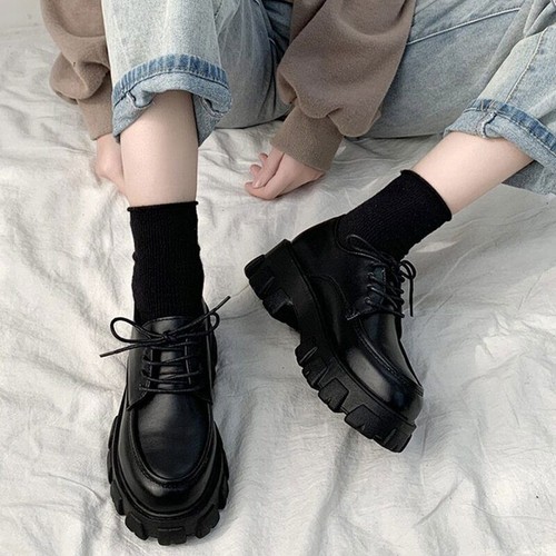Black Patent Leather Platform Shoes Women Gothic Lace Up Chunky Heels - 第 24/26 張圖片