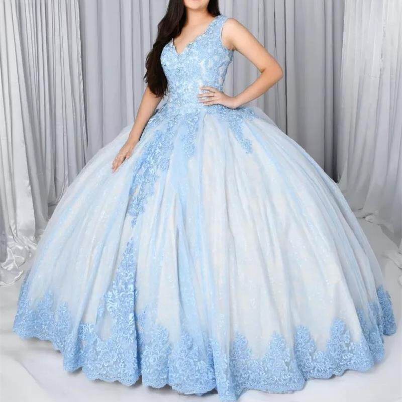 Puffy Ball Gown V-Neck Quinceanera Dresses Appliques Sequined Party Sweet 16