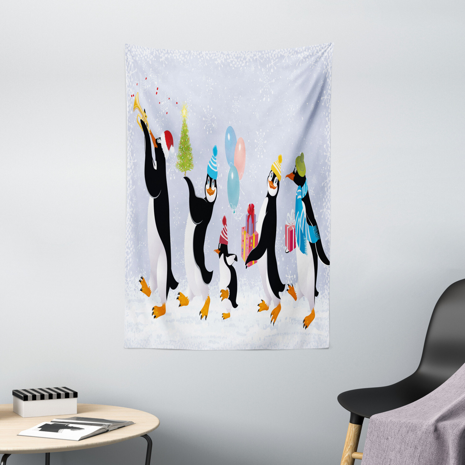 Christmas Tapestry Cute Penguins in Caps Print Wall Hanging Decor