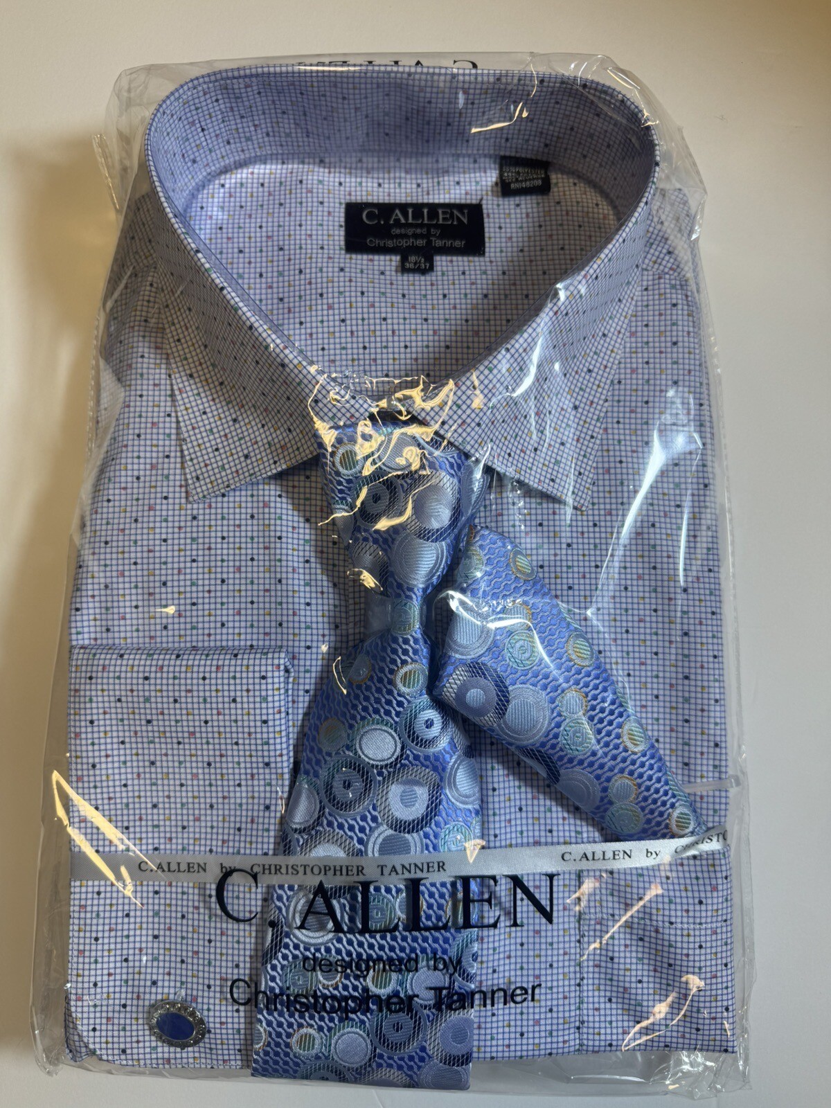 C. Allen Men's French Cuff Dress Shirt Combo - Striped Herringbone With Tie, Hanky & Cufflinks