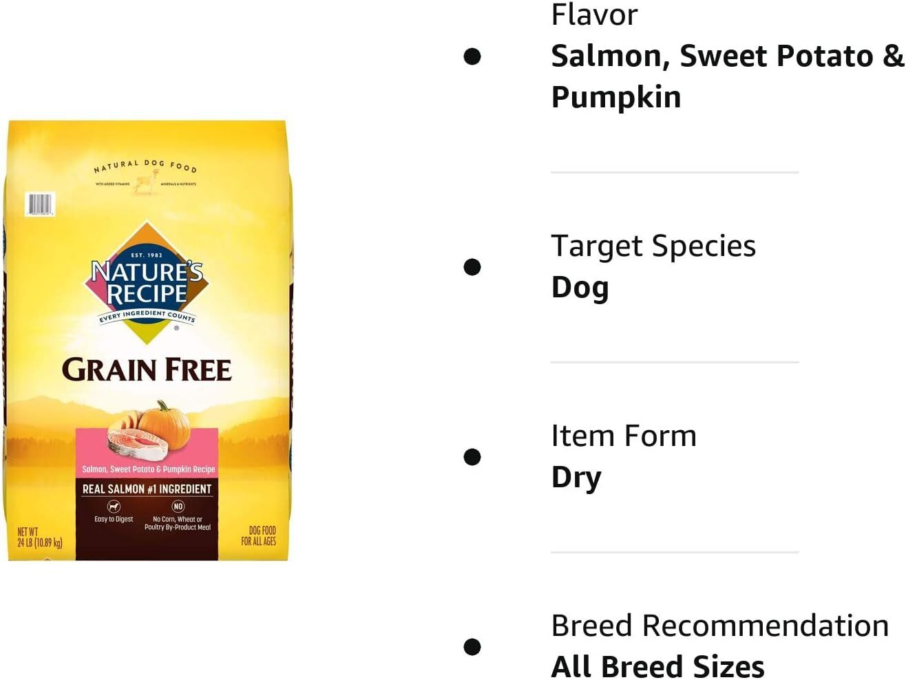 Nature's Recipe Grain Free Dry Dog Food Salmon Sweet Potato Pumpkin 24