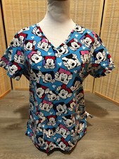 Scrubs Scrub Top Cartoon Disney Blue Mickey and Minnie Mouse Taking Selfies XS