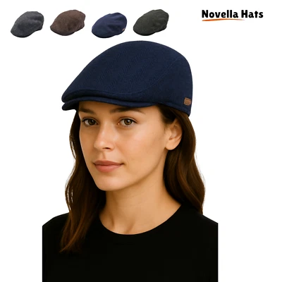 NOVELLAHATS Tweed Herringbone Flat Cap Mens Baker Boy Hat Vintage Gatsby Wool Style
