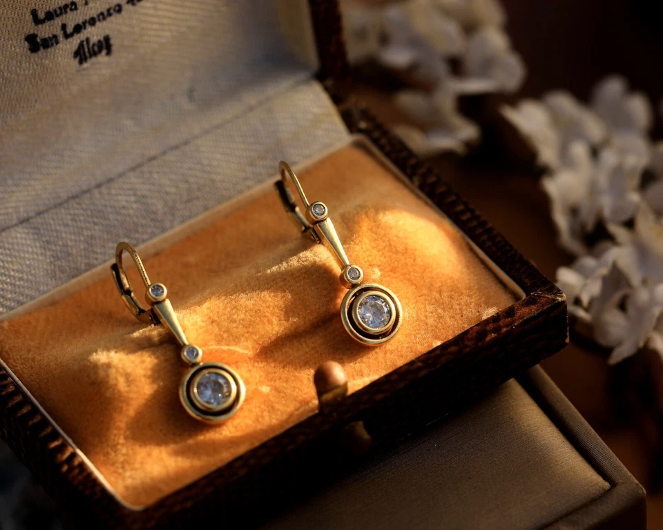 Antique Art Deco Round CZ Fine White Gold Sleeping Earrings SC1 - Image 4 of 4