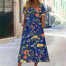 Boho Short Sleeved Round Neck Printed Pocket Dress Satiny Soft Long-SIZE 2XL