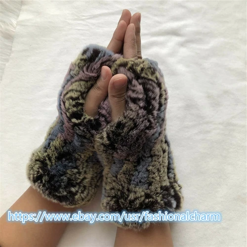 Womens Winter Real Rabbit Fur Gloves Knitted Stretch Fingerless Mitten Gloves - Picture 100 of 102