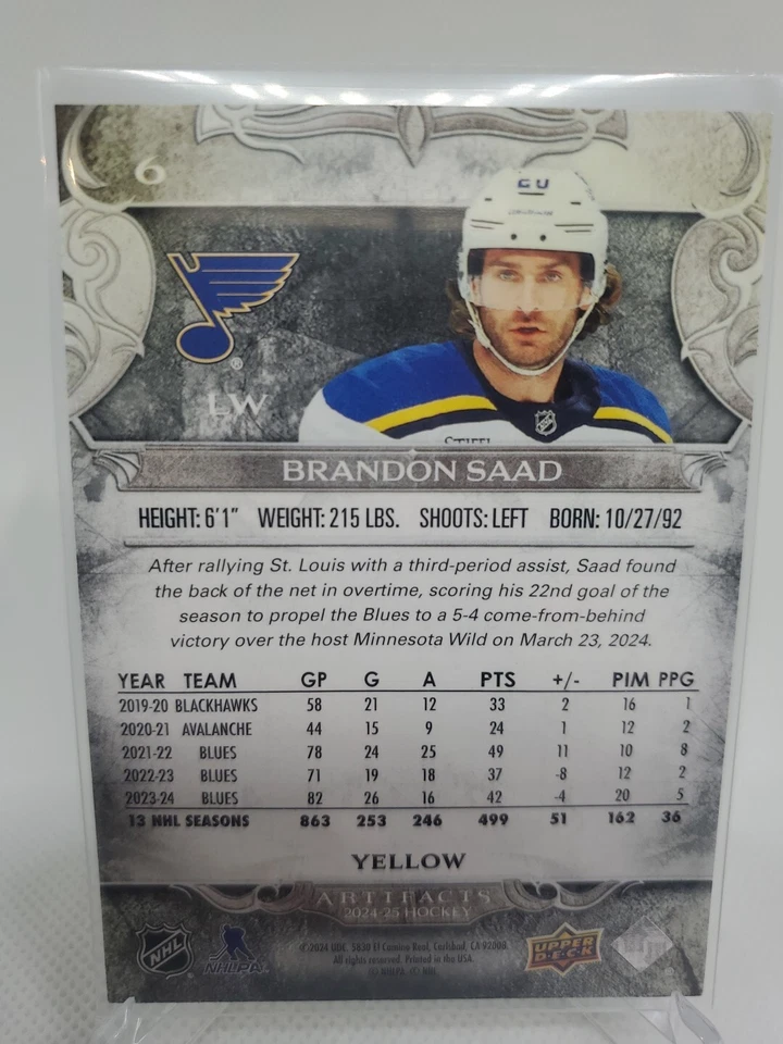 2024-25 Upper Deck Artifacts - Yellow #6 Brandon Saad /50 - Image 2 of 2